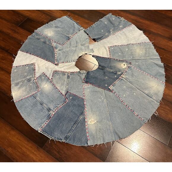 Recycled Denim Embroidered Hand Made Tree Skirt Jeans Blue Red Star Accents - Picture 3 of 10